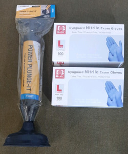 (1) Power Plunge-It, Air Powered Plunger & (2) 100-Count Boxes Of Synguard Nitrile Gloves, Large