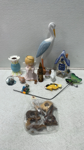 Mixed Lot of Decorative Figurines, Collectibles, and Wood Napkin Holders – Angel, Fish, Pelican, and More