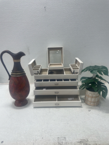 Vintage Decorative Jug, Jewelry Box, and Potted Faux Plant Bundle