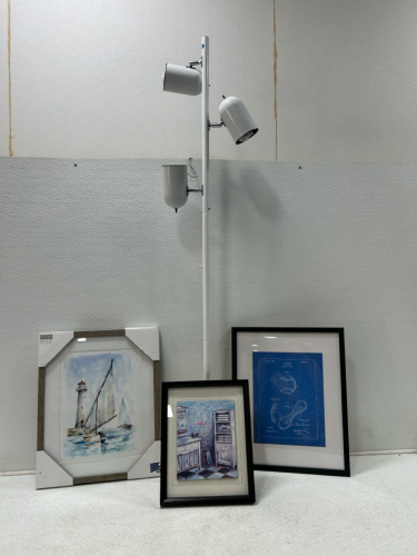 (1) Floor lamp (3) Paintings