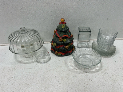 (1) Glass cake stand (1) Set of Glass dishes (1) Christmas cookie jar and more!