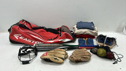 (1) Baseball bag w/ balls, bats, gloves, & umpire mask (1) assorted clothes & shoes