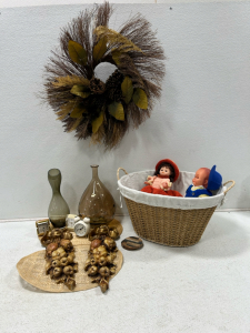 (1) Fall wreath (2) Vases (2) Baby dolls w/ handmade outfits and more!