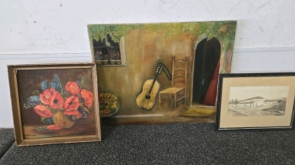 (1) Set of 2 Different Artists Paintings (1) Drawing