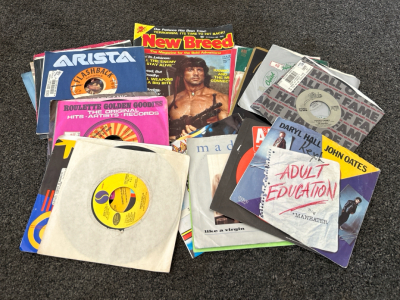 Vintage 45 RPM Records and 1985 New Breed Magazine Featuring Rambo