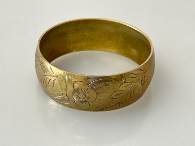 Vintage Wide Etched Brass Bangle With Floral Design