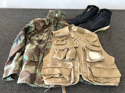 Camouflage Jacket (S/M), Ausable Fishing Vest (L), and Pair of Carhartt Steel Toe Shoes (13)