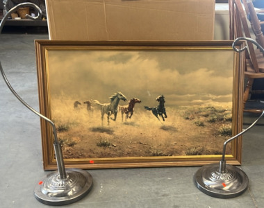 “FREE AS THE WIND” HORSE WESTERN PRINT BY AUGUSTE ALB (43.5” X 27.5”). 2 ORNATE METAL PLANT STANDS ( 1 IS 35.5” 1 is 31” )