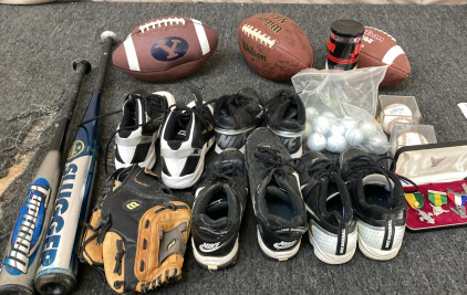 (4) PAIRS OF CLEATS( SIZE 4.5, 6.5, AND 7) l, (3) FOOTBALLS, GOLF BALLS, (2) ALUMINUM BATS, AND MORE.