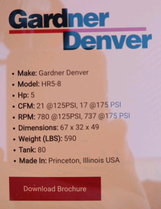 (1) Gardner Denver Air Compressor - 80 Gallon - Model HR5-8