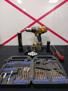 (1) Dewalt Drill (2) Flashlights (1) Headlamp And Kobalt Drill Bits And More.