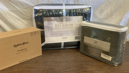 Beckham Hotel Collection Lightweight Down Alternative Comforter-King, Danjor Linens 6pcs. Sheet Set -King, Tru Glow Solar Candles