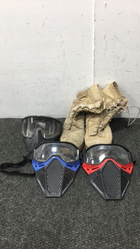 Mens boots and 3 paintball masks