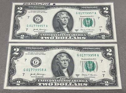 (2) Jefferson $2.00 Bills W/ Consecutive Serial Numbers