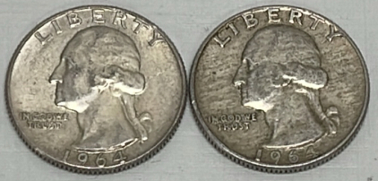 (2) Silver Washington Quarters Dated 1964