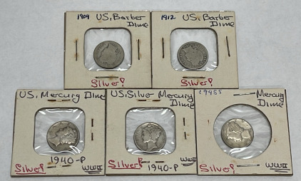 (2) U.S. Barber Dime Coins Dated Between 1904-1912, (3) U.S. Mercury Dime Coins Dated 1940-1945