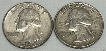 (2) Silver Washington Quarters Dated 1964