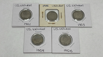 (5) U.S. Liberty Head V Nickel Coins Dated 1901-1906