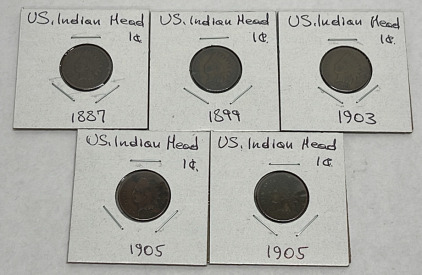 (5) U.S. Indian Head (1) Cent Coins Dated 1887-1905