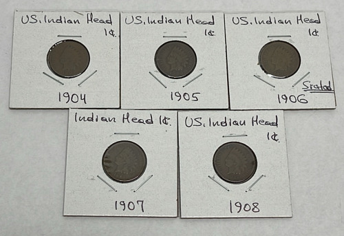 (5) U.S. Indian Head, Cent Coins Dated 1904-1908