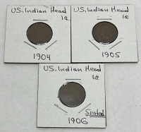 (5) U.S. Indian Head, Cent Coins Dated 1904-1908 - 2