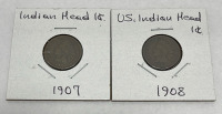 (5) U.S. Indian Head, Cent Coins Dated 1904-1908 - 3