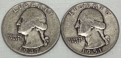 (2) Silver Washington Quarters Dated 1947 And 1951