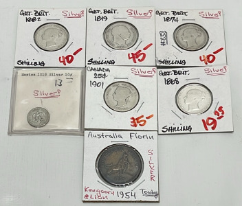 (4) Silver Great Britain Shillings 1819-1874-1882 (1) Silver 1901 Canadian Quarter, Silver Mexico Dime 1919, Silver Australia Kengoory & Lion Coin