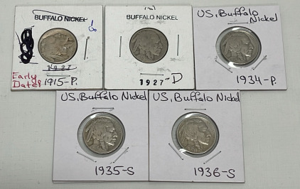 (5) Buffalo Nickels Dated 1915-1936