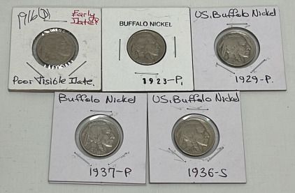 (5) Buffalo Nickels Dated 1915-1936