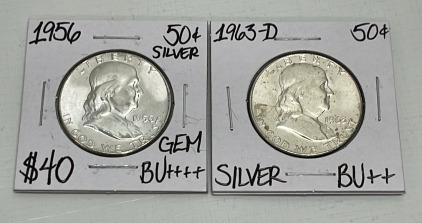 Benjamin Franklin Silver Half Dollars Dated 1956 And 1965