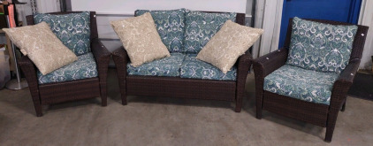 (2) (Dark Brown) Weaved Patio Furniture w/ (Blue) Pillows, (1) Weaved Love Seat Patio Furniture w/ (Blue) Pillows & (3) Tan Pillows