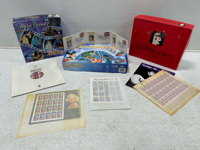 (3) Board games (1) Collectible Elvis Presley, Marylyn Monroe, Basball legend stamp sheets