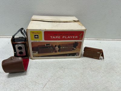 (1) 8-track stereo tape player (1) Transmitter (1) Vintage camera