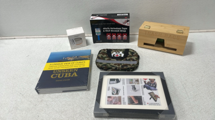 Amazon Mystery Box - (3) Cuban Sightseeing Book, Olight White Noise Machine, (2) Boxes of (4) Noiseless Tape & (1) Stretch Wrap Rolls, Wooden Trash Bag Container & More