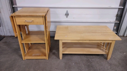 42"x 24"x 18" Birch Wood Coffee Table & 44½"x 21"x 33½" Foldable Table Stand w/ Drawer & Shelves Built Into It