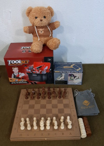 (1) Kids Toy Tool Set, (1) Pencil/Pen Holder W/ Phone Stand, (1) Teddy Bear & (1) Magnetic Chess/Checkers Set