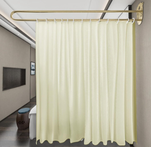 Modern U-Shaped Wall-Mounted Privacy Partition Curtain Rod Kit (2.3M) – Gold Rod & Yellow Semi-Sheer Curtain Set for Clinic, Salon, Shared Bedroom