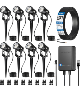 SUNVIE All-In-One LED Landscape Lighting Kit (8-Pack) - Low Voltage Uplights with Transformer & 65FT UL-Listed Wire - 3000K Waterproof Outdoor Lights