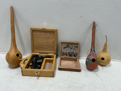 (1) Squash bird houses (1) Last cowboy cigar box (1) Hot glue gun w/ box & glue sticks