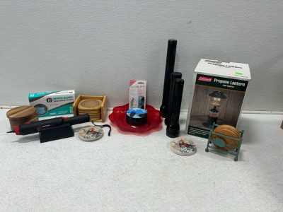 (1) Coleman lantern (1) Craftsman power screwdriver (4) Flashlights and more!