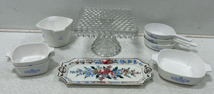 (1) Set Of Corning Ware Serving Dishes (1) Cake Stand (1) Pretty Plate