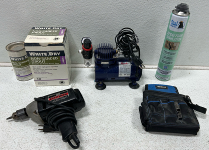 (1) Tiny Air Compressor (1) Craftsman Power Drill (2) Non Sanded Grout And More!