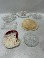 (1) Assorted clear glass serving dishes (1) Pizza stone (1) Assorted Knick knacks