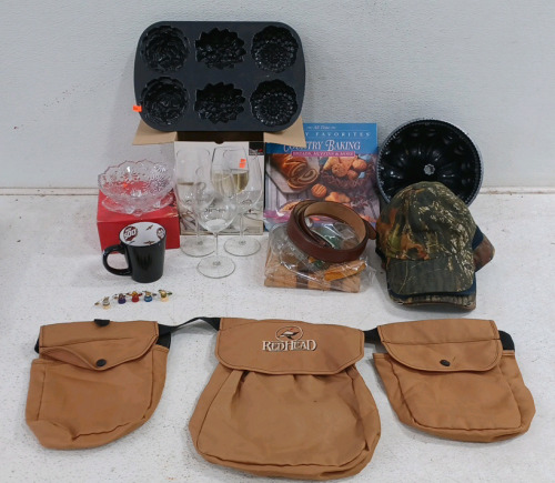 (1) Redhead Ammo Bag w/ Clip (1) ULU Alaskan Cutlery (1) Indy 500 Collectors Cup (3) Wine Glasses (1) Mikasa Candy Dish (4) Hats (2) Bakingware (1) Country Baking Recipe Book