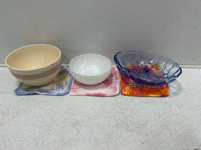 (2) Bubble bowls (1) Blue glass dish (1) Mixing bowl