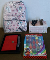 (1) Hello Kitty Backpack, (1) Personal Memo Book & Pen, (1) Miraculous Ladybug 18-Pack Nail Polish Set & (2) 8-Count Boxes Of Aurkath Hair Claw Clips