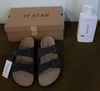 (1) Pair Of TF Star Women's Leather Sandals, Brown, Size 8 & (1) 16.5-Oz Bottle Of Native 2-In-1 Shampoo & Conditioner, Vanilla & Cactus Flower