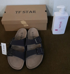 (1) Pair Of TF Star Women's Leather Sandals, Brown, Size 9 & (1) 16.5-Oz Bottle Of Native 2-In-1 Shampoo & Conditioner, Vanilla & Cactus Flower