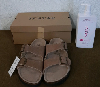 (1) Pair Of TF Star Women's Leather Sandals, Tan, Size 8 & (1) 16.5-Oz Bottle Of Native 2-In-1 Shampoo & Conditioner, Vanilla & Cactus Flower